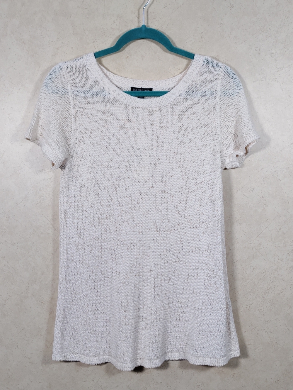 H150 Eileen Fisher Cream Organic Cotton Short Sleeve Crew Sweater M NWT